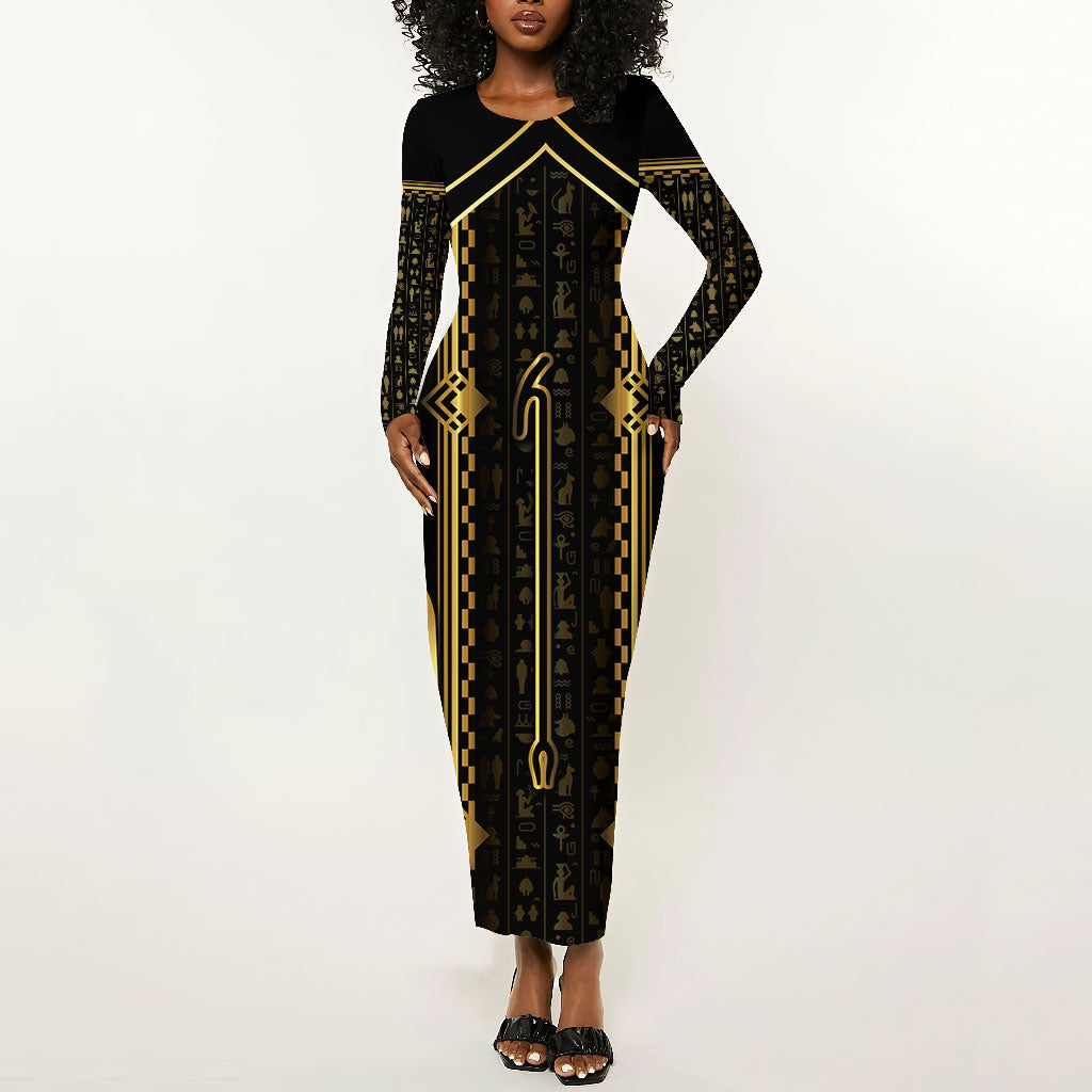 Personalized Egypt Was Sceptre Long Sleeve Bodycon Dress Gold Pharaoh Patterns