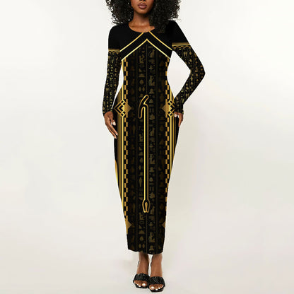 Personalized Egypt Was Sceptre Long Sleeve Bodycon Dress Gold Pharaoh Patterns