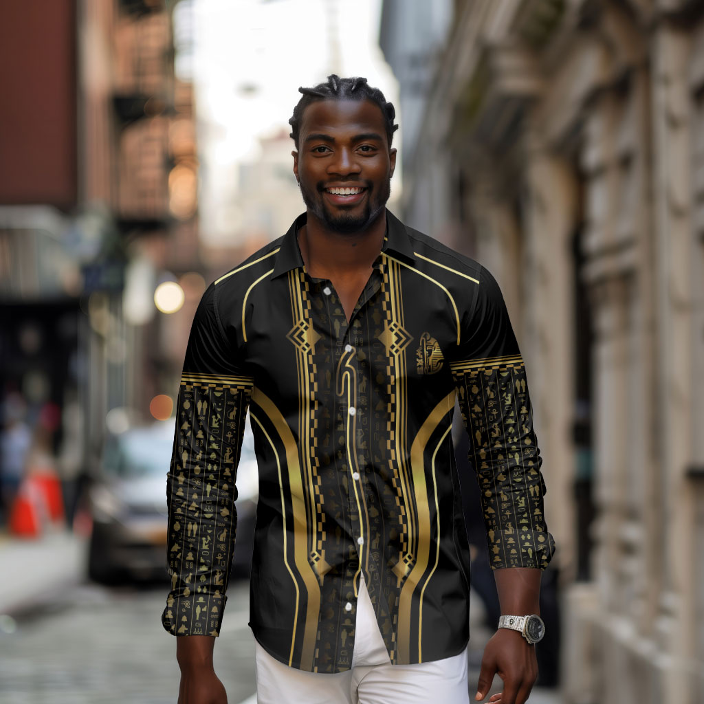 Personalized Egypt Was Sceptre Long Sleeve Button Shirt Gold Pharaoh Patterns