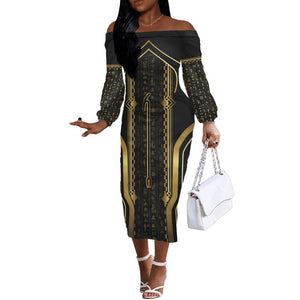 Personalized Egypt Was Sceptre Off The Shoulder Long Sleeve Dress Gold Pharaoh Patterns