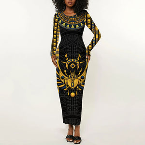 Egypt The Scarab Beetle Long Sleeve Bodycon Dress Winged Solar Amulet Symbol