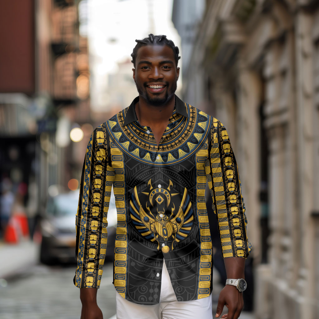 Egypt The Scarab Beetle Long Sleeve Button Shirt Winged Solar Amulet Symbol