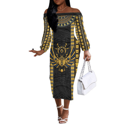 Egypt The Scarab Beetle Off The Shoulder Long Sleeve Dress Winged Solar Amulet Symbol