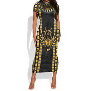 Egypt The Scarab Beetle Short Sleeve Bodycon Dress Winged Solar Amulet Symbol
