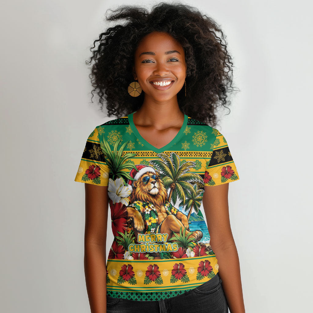 Afro-Jamaicans Christmas Women V-Neck T-Shirt This Rasta Lion Needs A Beach Retreat