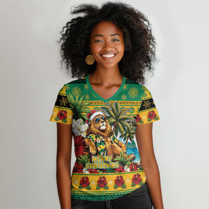 Afro-Jamaicans Christmas Women V-Neck T-Shirt This Rasta Lion Needs A Beach Retreat