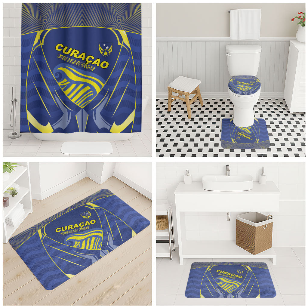 Curacao Football Bathroom Set Blue Wave Geometric Caribbean Sports Motif