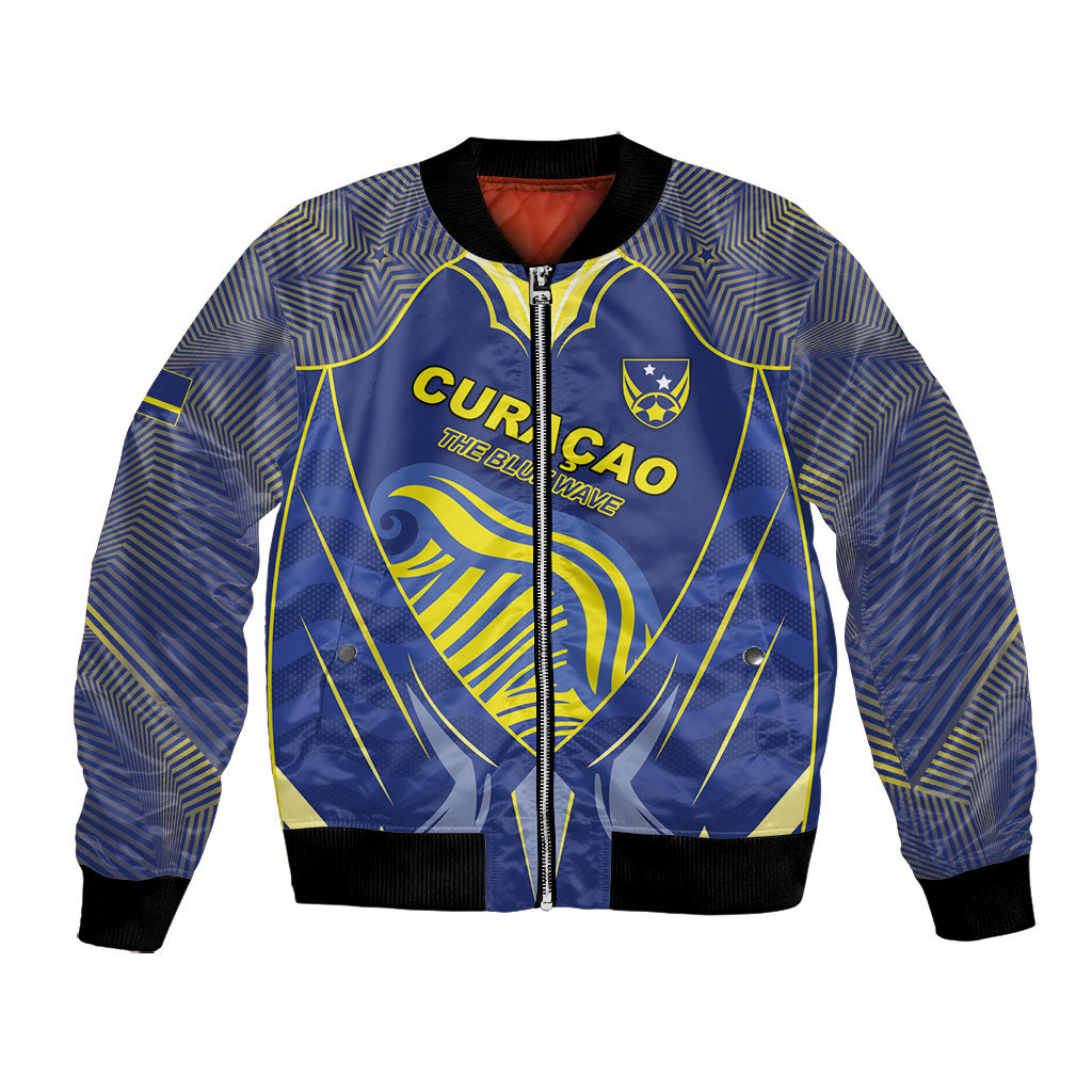 Custom Curacao Football Bomber Jacket Blue Wave Geometric Caribbean Sports Motif