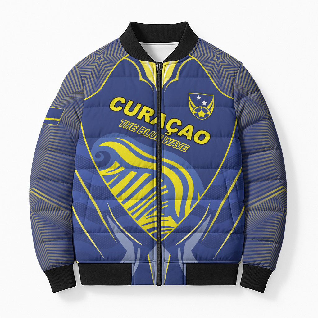 Custom Curacao Football Bomber Puffer Jacket Blue Wave Geometric Caribbean Sports Motif