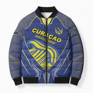 Custom Curacao Football Bomber Puffer Jacket Blue Wave Geometric Caribbean Sports Motif