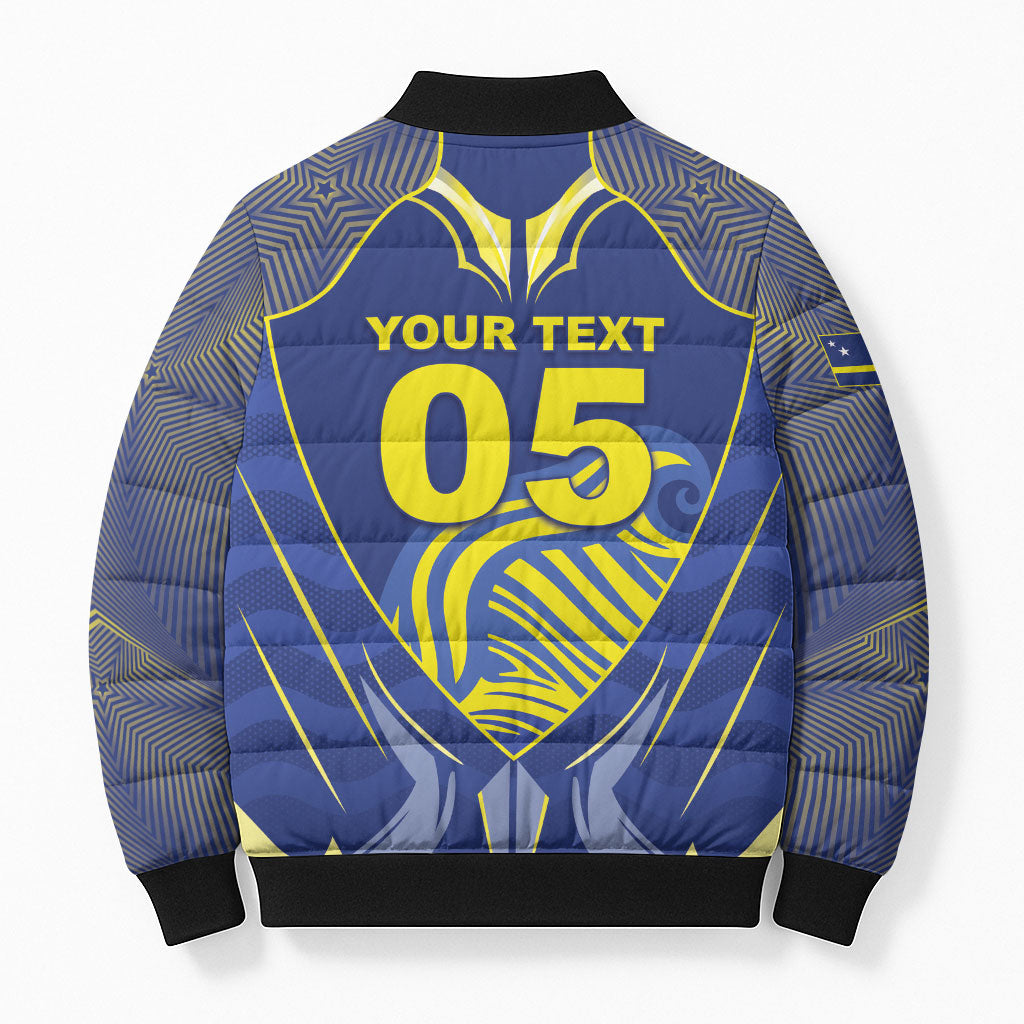 Custom Curacao Football Bomber Puffer Jacket Blue Wave Geometric Caribbean Sports Motif