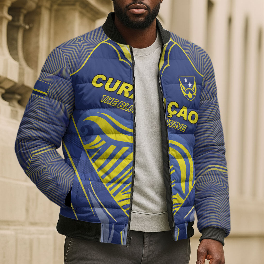 Custom Curacao Football Bomber Puffer Jacket Blue Wave Geometric Caribbean Sports Motif