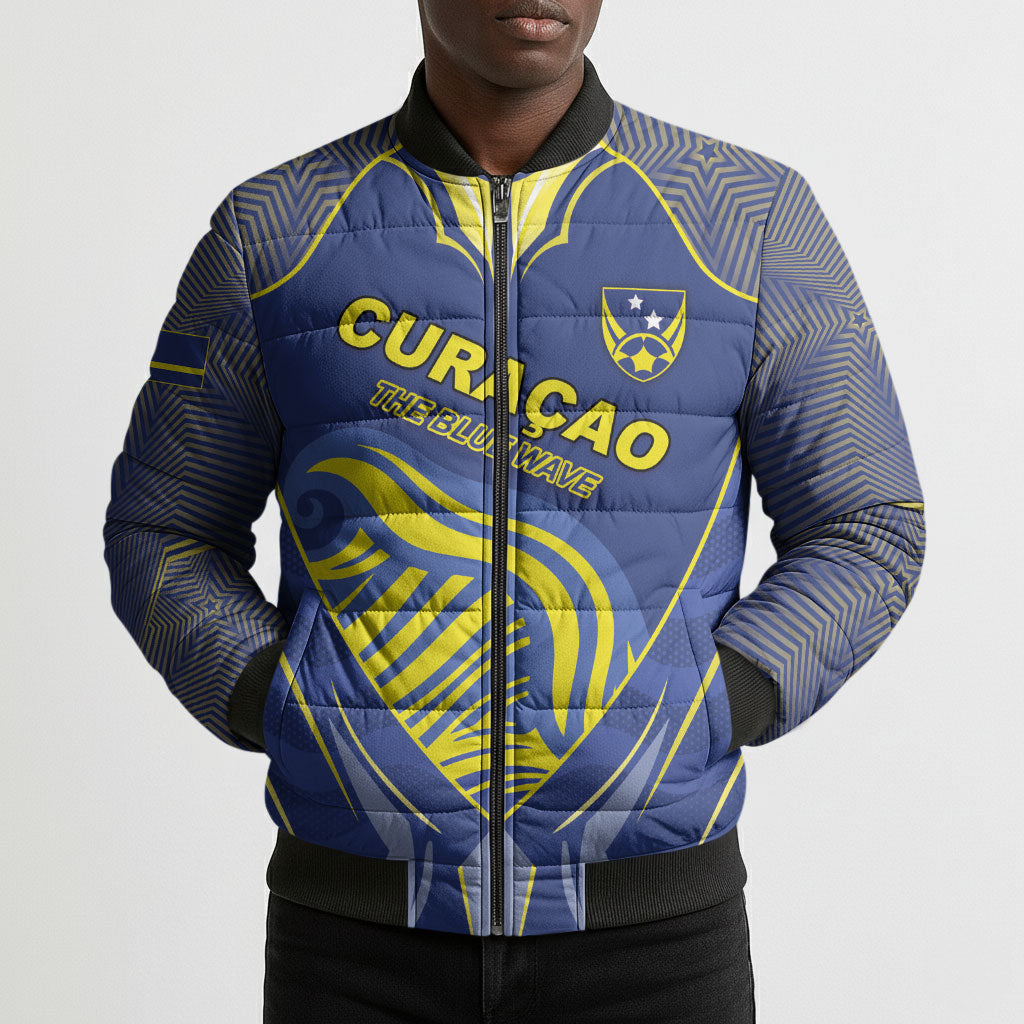 Custom Curacao Football Bomber Puffer Jacket Blue Wave Geometric Caribbean Sports Motif