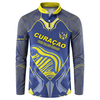 Custom Curacao Football Button Sweatshirt Blue Wave Geometric Caribbean Sports Motif