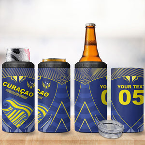 Custom Curacao Football 4 in 1 Can Cooler Tumbler Blue Wave Geometric Caribbean Sports Motif