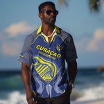 Custom Curacao Football Hawaiian Shirt Blue Wave Geometric Caribbean Sports Motif