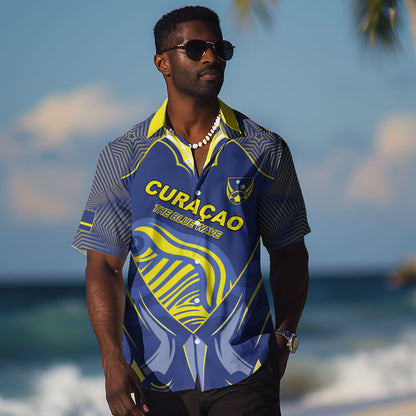 Custom Curacao Football Hawaiian Shirt Blue Wave Geometric Caribbean Sports Motif