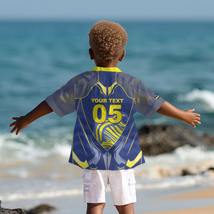 Custom Curacao Football Kid Hawaiian Shirt Blue Wave Geometric Caribbean Sports Motif