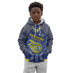 Custom Curacao Football Kid Hoodie Blue Wave Geometric Caribbean Sports Motif