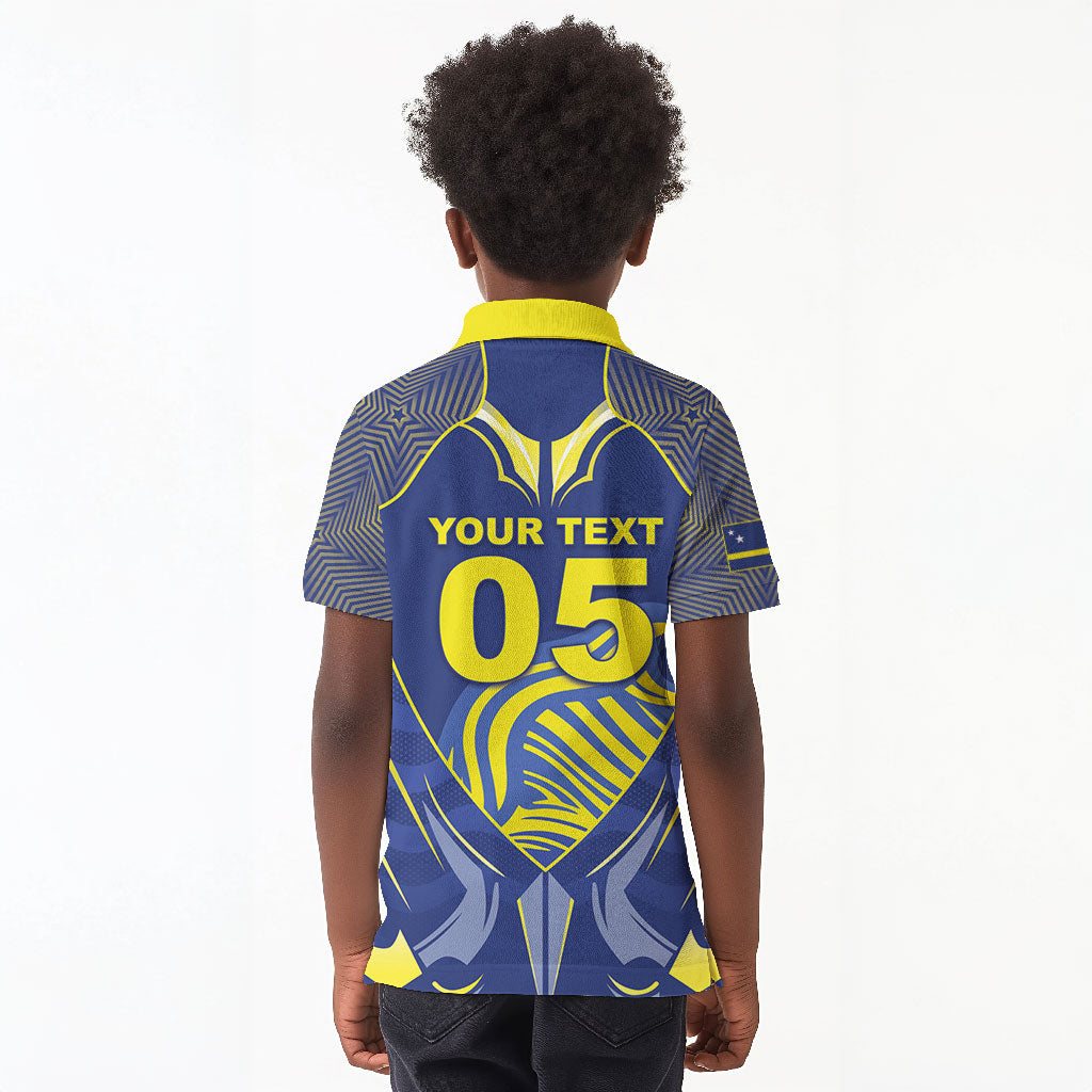 Custom Curacao Football Kid Polo Shirt Blue Wave Geometric Caribbean Sports Motif