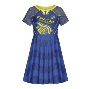 Custom Curacao Football Kid Short Sleeve Dress Blue Wave Geometric Caribbean Sports Motif