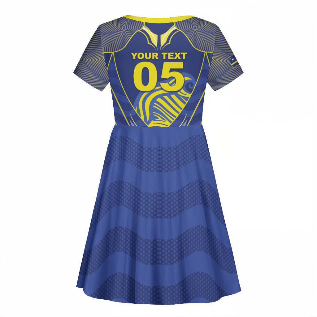 Custom Curacao Football Kid Short Sleeve Dress Blue Wave Geometric Caribbean Sports Motif