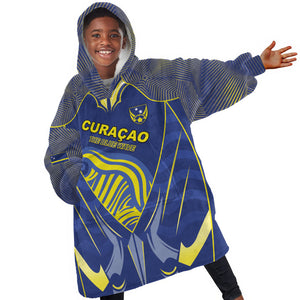 Custom Curacao Football Kid Wearable Blanket Hoodie Blue Wave Geometric Caribbean Sports Motif
