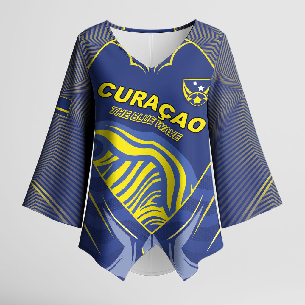 Custom Curacao Football Kimono Sleeve Blouse Blue Wave Geometric Caribbean Sports Motif