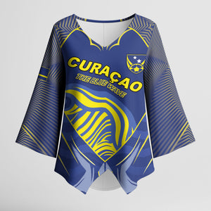 Custom Curacao Football Kimono Sleeve Blouse Blue Wave Geometric Caribbean Sports Motif
