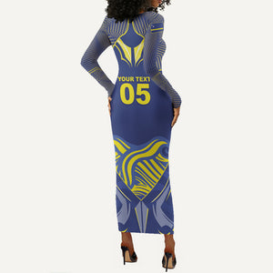 Custom Curacao Football Long Sleeve Bodycon Dress Blue Wave Geometric Caribbean Sports Motif