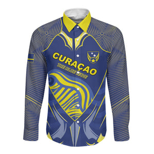 Custom Curacao Football Long Sleeve Button Shirt Blue Wave Geometric Caribbean Sports Motif