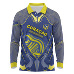 Custom Curacao Football Long Sleeve Polo Shirt Blue Wave Geometric Caribbean Sports Motif