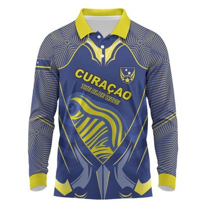 Custom Curacao Football Long Sleeve Polo Shirt Blue Wave Geometric Caribbean Sports Motif