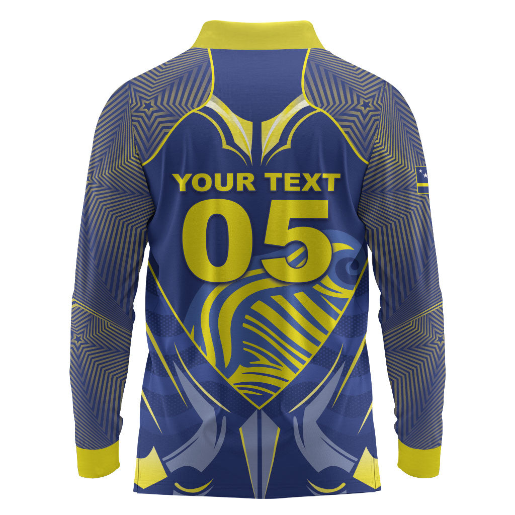 Custom Curacao Football Long Sleeve Polo Shirt Blue Wave Geometric Caribbean Sports Motif