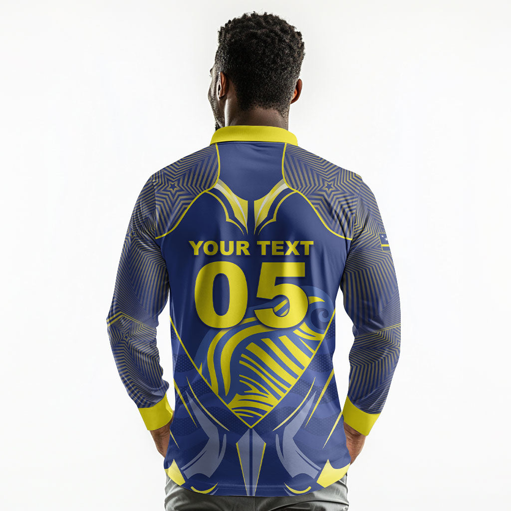 Custom Curacao Football Long Sleeve Polo Shirt Blue Wave Geometric Caribbean Sports Motif