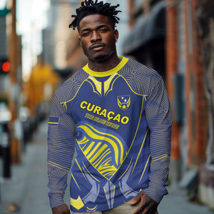 Custom Curacao Football Long Sleeve Shirt Blue Wave Geometric Caribbean Sports Motif