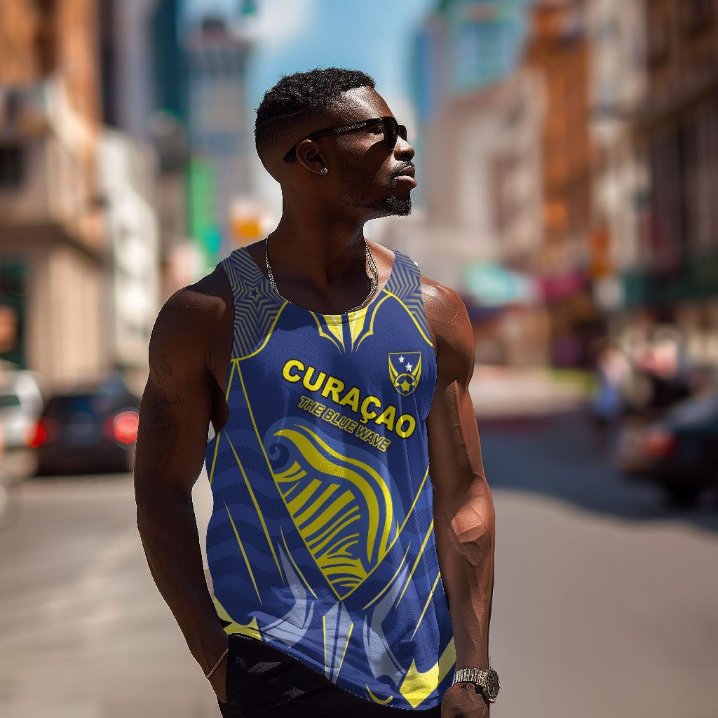 Custom Curacao Football Men Tank Top Blue Wave Geometric Caribbean Sports Motif