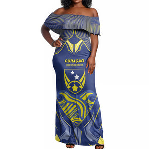 Custom Curacao Football Off Shoulder Maxi Dress Blue Wave Geometric Caribbean Sports Motif