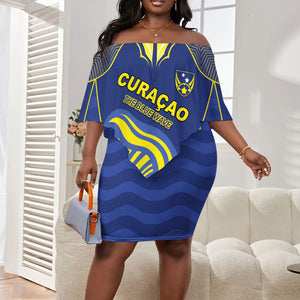 Custom Curacao Football Off Shoulder Short Dress Blue Wave Geometric Caribbean Sports Motif