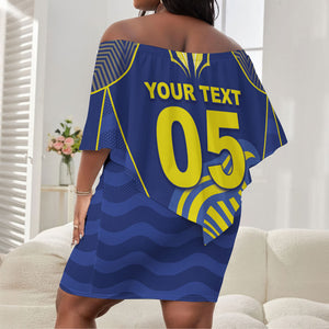 Custom Curacao Football Off Shoulder Short Dress Blue Wave Geometric Caribbean Sports Motif