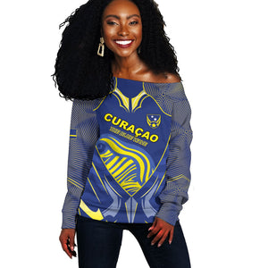 Custom Curacao Football Off Shoulder Sweater Blue Wave Geometric Caribbean Sports Motif