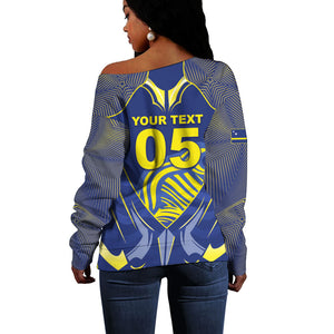 Custom Curacao Football Off Shoulder Sweater Blue Wave Geometric Caribbean Sports Motif