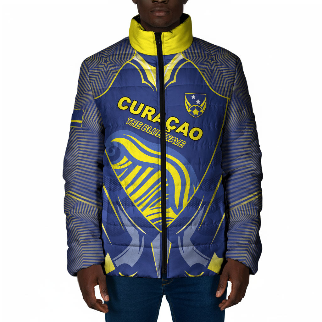 Custom Curacao Football Padded Jacket Blue Wave Geometric Caribbean Sports Motif