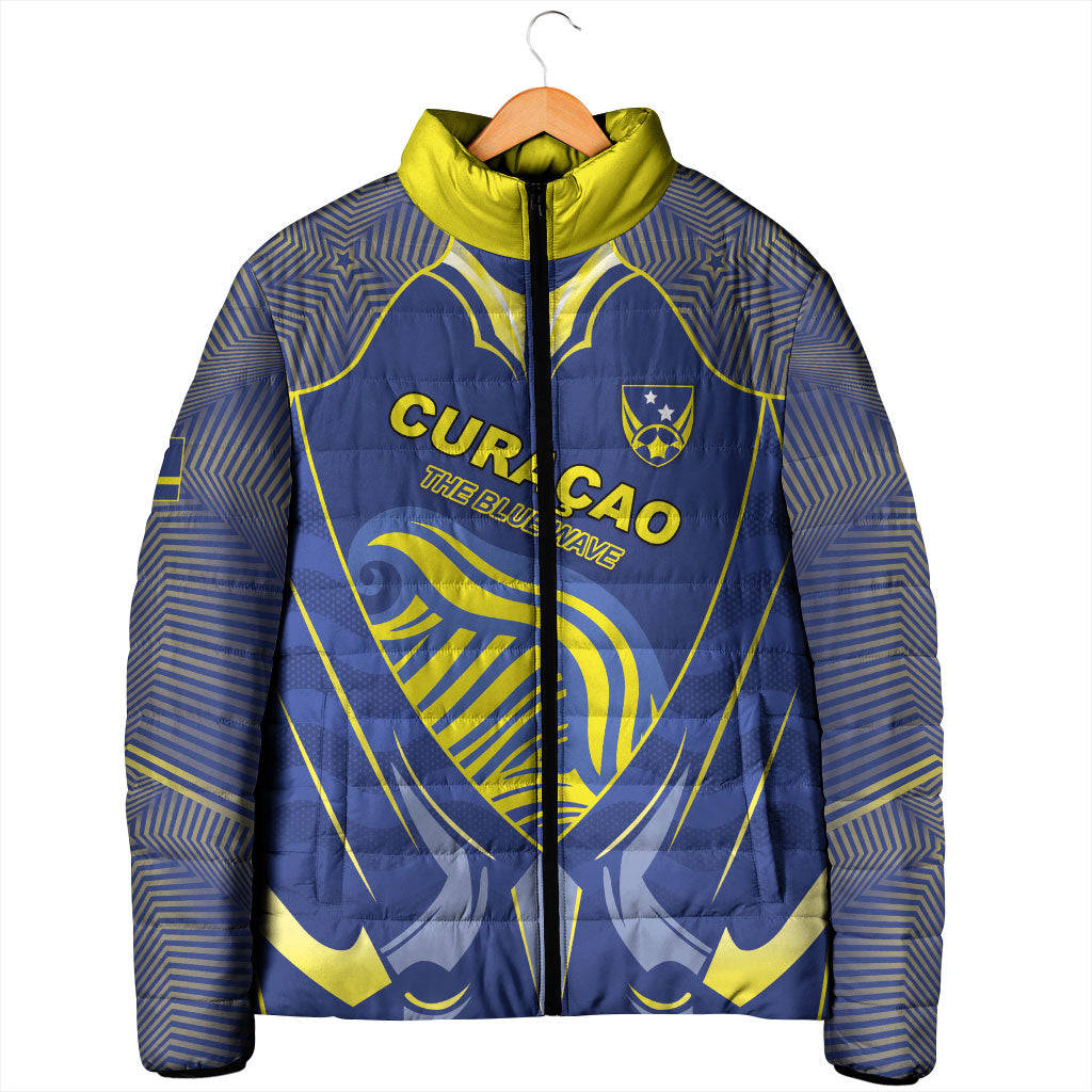 Custom Curacao Football Padded Jacket Blue Wave Geometric Caribbean Sports Motif