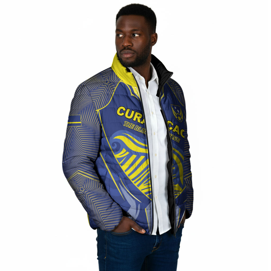 Custom Curacao Football Padded Jacket Blue Wave Geometric Caribbean Sports Motif