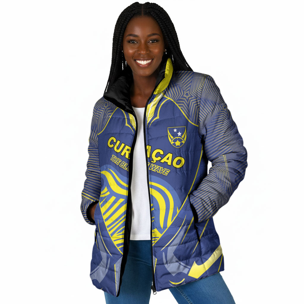 Custom Curacao Football Padded Jacket Blue Wave Geometric Caribbean Sports Motif