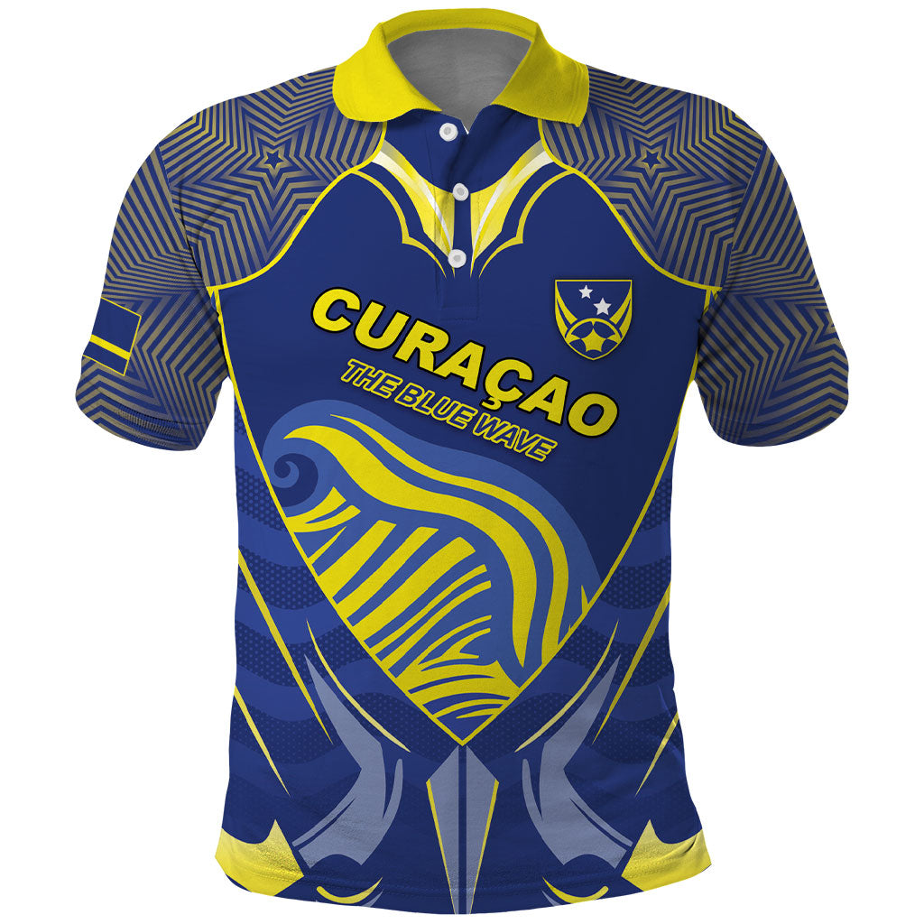 Custom Curacao Football Polo Shirt Blue Wave Geometric Caribbean Sports Motif