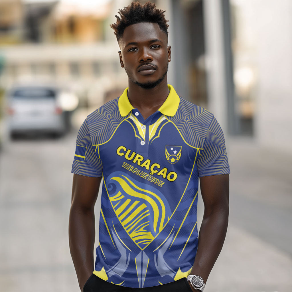 Custom Curacao Football Polo Shirt Blue Wave Geometric Caribbean Sports Motif