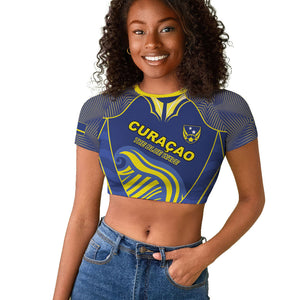 Custom Curacao Football Raglan Cropped T shirt Blue Wave Geometric Caribbean Sports Motif
