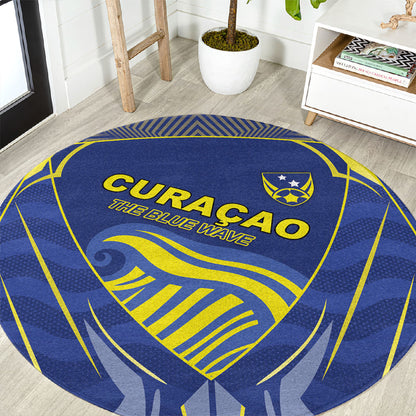 Curacao Football Round Carpet Blue Wave Geometric Caribbean Sports Motif